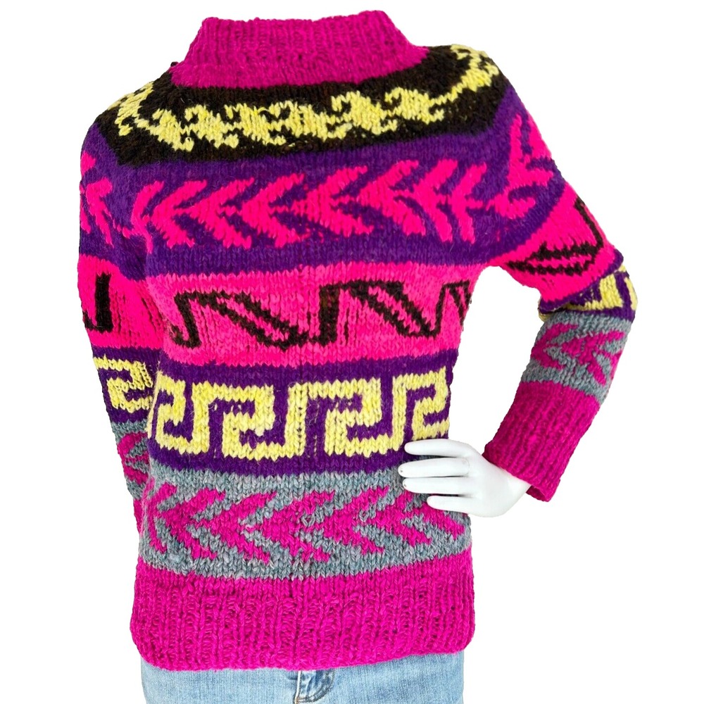 Vintage 80s Wool Sweater Womens Small Funnel Hand Knit Bolivia Purple Pink Ski